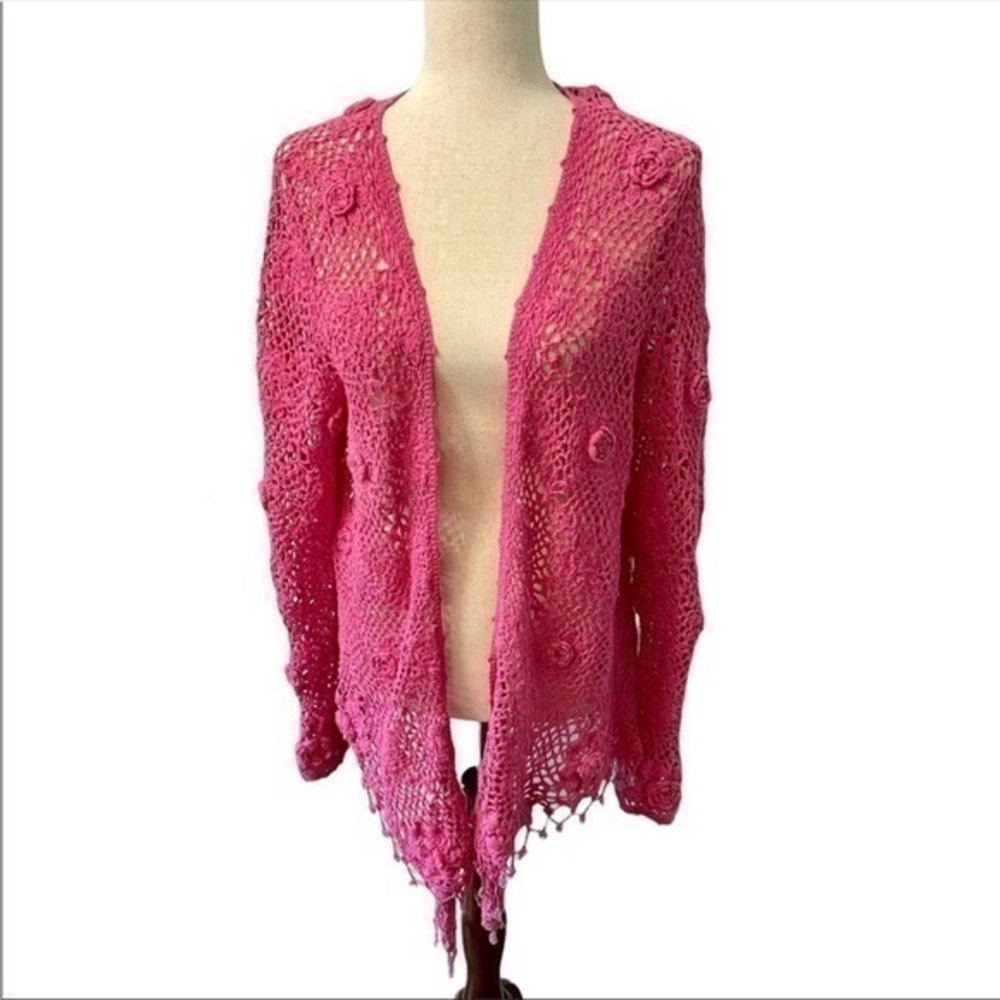 Soft Surroundings Red Pink Boho Crochet Cardigan Sweater Sequin Fringe Size S